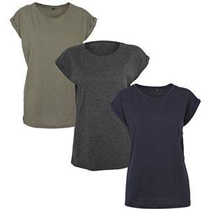 Build Your Brand Dames T-Shirt Multipack Ladies Extended Shoulder Tee 3-pack verkrijgbaar in vele kleurvarianten, maten XS - 5XL, Cha/Oli/Nvy, XS
