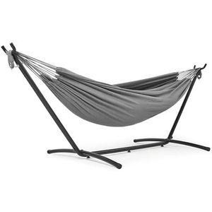 Mondeer Hangmat met standaard, dubbele stof campinghangmat met metalen frame, draagtas tot 200 kg, voor kamperen, reizen, terras, buitentuin, grijs