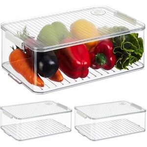 Relaxdays koelkast organizer, set van 3, opbergbakjes met deksel, datum, HBD: 10,5 x 21 x 33 cm, kunststof, transparant