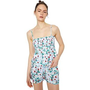 Trendyol Dames Graphic Gimped Gedetailleerde Geweven Camisole-Shorts Pyjama Set, Blauw-Veelkleurig, 36, Blauw-veelkleurig, 62
