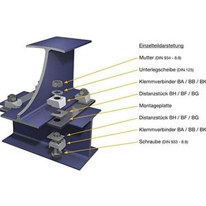 BEAM CLAMP BB2G12 staaldragerklem M12 Sphaeroguss thermisch verzinkt met goedkeuring, zilver