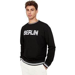 Trendyol Heren Crew Neck met Slogan Relaxed Sweater, Zwart, S, Zwart, S
