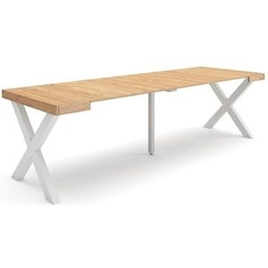 Skraut Home Uittrekbare consoletafel, eettafel, inklapbaar, 260, voor 12 personen, massief hout, moderne stijl, eiken