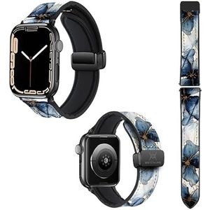 Horlogebandje voor Apple Iwatch 18 mm (38/40/41/42/44/45 mm) gemaakt van siliconen en echt leer: blauwe bloemblaadjes