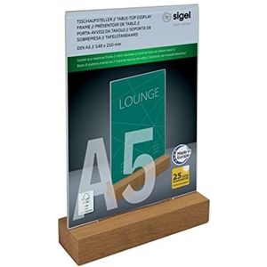 SIGEL TA254 Verticaal Tafelblad Display, Acryl, met Eiken Base, voor A5