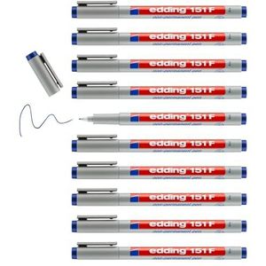 edding 151 F non-permanente pen - blauw - 10 pennen - ronde punt 0.6 mm - schrijfstift voor glas, kunststof, folie en gladde oppervlakken - sneldrogend, met water corrigeerbaar