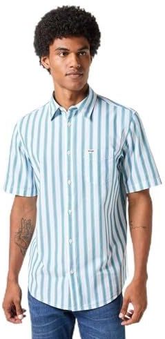 Wrangler - Short Sleeve 1 Pocket Shirt - Wit met Lichtblauwe Verticale Strepen - Korte Mouwen