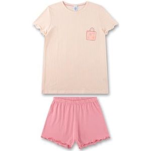 Sanetta Meisjespyjama, roze, hoogwaardige en comfortabele pyjama van katoen-modal-mix voor meisjes, korte mouwen, gestreept design, pyjamaset voor meisjes, roze, 140 cm