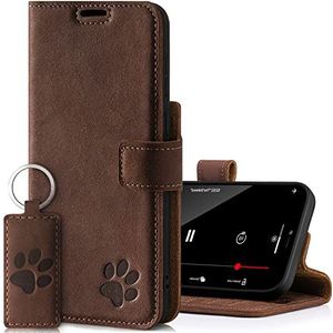 SURAZO Prestige Hoes voor mobiele telefoon voor Apple iPhone 13 Mini, echt lederen hoes met pootenmotief, vintage klaphoes met standfunctie, kaartenvak en sleutelring, handgemaakte RFID-beschermhoes,