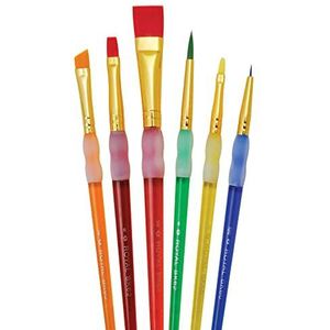 Royal & Langnickel - Beginnerskwastenset voor kinderen, synthetische penselen in 6 maten, 3 ronde en 3 platte penselen met soft-touch rubberen coating voor creatief tekenen en schilderen