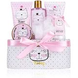Accentra - Princess Kitty cadeauset voor meisjes & vrouwen - 7-delige doucheset met bubbelbad, scrub, douchegel, bodylotion & meer - verzorgingsset met aardbei & vanille geur in schattige geschenkdoos