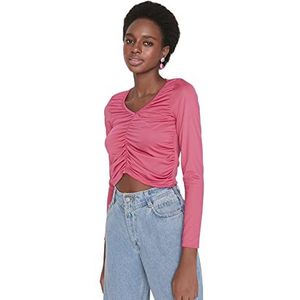 Trendyol Dames getailleerde basic V-hals gebreide blouse, roze, M