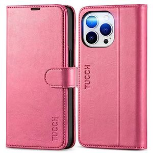 TUCCH Portemonnee hoesje voor iPhone 13 Pro 2021 5G, PU lederen magnetische folio boekhoes met [sleuf] [RFID-blokkering] Stand, schokbestendige TPU flip cover compatibel met iPhone 13 Pro, roze