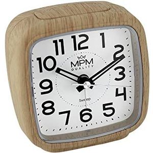 MPM Quality Design kunststof wekker, alarmklok, kleur: houtmotief, modern, analoog, oplopend alarm, snooze, sluimerfunctie, nachtlampje, tafeldecoratie voor thuis, slaapkamer, kantoor