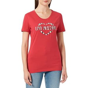 Love Moschino Dames Tight-Fitting Short Sleeves with Heart Olografische Print T-Shirt, rood, 38