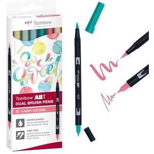 Tombow ABT-6C-4 ABT Dual Brush Pen op waterbasis, met twee punten, snoepkleuren, 6 stuks