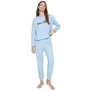 Trendyol Dames Met Slogan Midden Geweven T-shirt-Broek Pyjama Set Blauw, Blauw, S