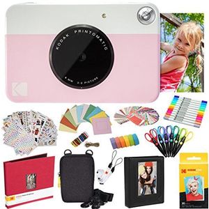 KODAK Printomatic Instant Camera (Roze) All-In-Bundle + Zink Papier (20 Vellen) + Case + Fotoalbum + 7 Stickersets + Markers + Schaar