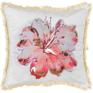 DRW Vierkant kussen van fluweel, polyester, met ritssluiting en bloem in wit en rood, 45 x 10 x 45 cm