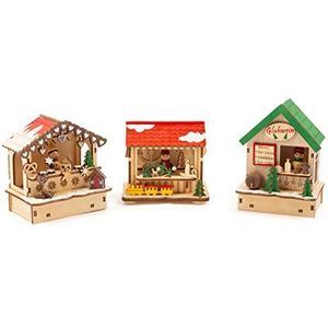 Small Foot Lampenset kerstmarkt van hout, kerstdecoratie met drie houten hutten met licht voor de vensterbank, 11390