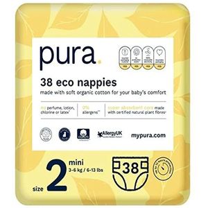 Pura Premium Eco-babyluiers Maat 2 (Mini 3-6 kg / 6-13 lbs) 1 verpakking van 38 luiers, 152 pasgeboren luiers, nieuwe baby, EU Ecolabel gecertificeerd, gemaakt van biologisch katoen, vochtindicator