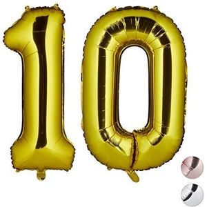 Relaxdays Folieballon nummer 10, reuzenballon voor verjaardag, decoballon, cijferballon voor lucht & helium, 85-100 cm, goud, h x b x d: ca. 85 x 50 x 17 cm