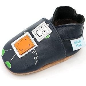 Dotty Fish. Zachte leren schoenen voor peuters en baby's, zachte zool, antislip, met sterren, voor jongens en meisjes (17-28 EU), robot, marineblauw, 27 EU