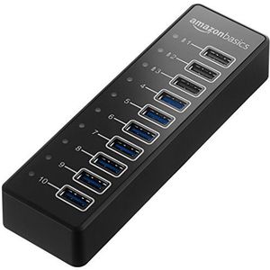 Amazon Basics USB-hub, USB-A 3.1 hub met 10 poorten en netadapter, 65 W (20 V/3,25 A), zwart