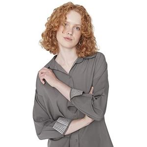 Trendyol Dames Effen Midden Geweven Shirt-Broek Pyjama Set, Grijs, 64