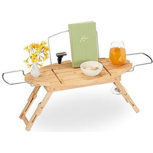 Relaxdays badplank bamboe & metaal, uitschuifbaar, 69-90 cm, boekensteun, wijnglashouder, badrek met poten, natuur