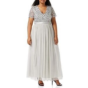 Maya Deluxe Maxi-jurk voor dames, V-hals, korte mouwen, elegant, empire-taille, bruiloft, bruidsmeisje, Lichtgrijs, 46