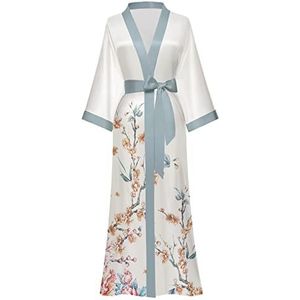 Lange zijden kimono-jurk voor dames, bloemenprint, zijdeachtige nachtjurk, kerstnachtjurk, trouwjurk, 80-wit, één maat, 80-wit, One Size