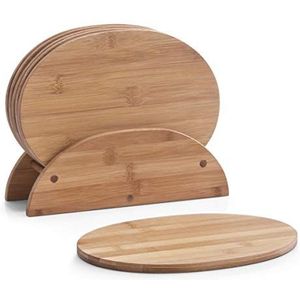 6x Ovale bamboe houten snijplanken met houder 24 cm - Keukenbenodigdheden - Snijplanken/broodplanken hout