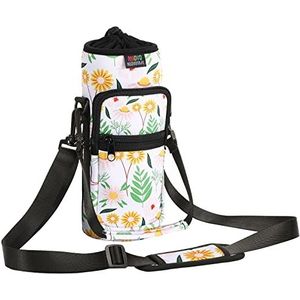 Nuovoware Water Bottle Carrier Bag, Bottle Pouch Holder, Adjustable Shoulder Hand Strap 2 Pocket Sling Neoprene Sleeve Sports Water Bottle Accessories for Hiking Travelling Camping, Yellow Daisy