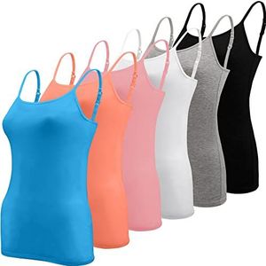 BQTQ 6 stuks basic hemdje verstelbare riem vest top voor vrouwen en meisjes, Zwart, Wit, Grijs, Turkoois, Zalm, Roze, L