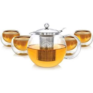 Teabloom Thee Set – Hittebestendige + Loodvrije Glazen Theepot Ketel (1200ml) met Uitneembare Roestvrijstalen Infuser voor Losse Thee – Inclusief 4 Dubbelwandige Kopjes (150ml)