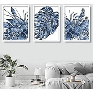 Artze Wall Art Botanical Monstera kunstdrukken 3-delige set, 30 cm breedte x 40 cm hoogte, marineblauw