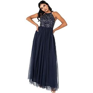 Maya Deluxe Maxi-jurk voor dames, bruidsmeisje, halterjurk, pailletten, versierd, eindexamenfeest, bruiloft, marineblauw, 38