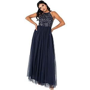Maya Deluxe Maxi-jurk voor dames, bruidsmeisje, halterjurk, pailletten, versierd, eindejaarsbal, bruiloft, jurk voor speciale gelegenheden, Donkerblauw, 48