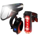 FISCHER TWIN STOP Led-verlichtingsset voor fiets, 100 lux met groot licht, met sensormodus, lange lichtduur, stabiele aluminium behuizing, zwart, 1 stuk