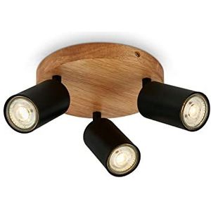 BRILONER - Retro plafondlamp met hout, 3-lichts vintage plafondlamp, 3x GU10 fitting, verstelbare LED-spot, rustieke plafondspot, zwart-hout, 190x85 mm