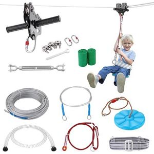 VEVOR Zipline Kabelglijbaan, 24,38 m kabelbaan voor kinderen, Zip Line Kit voor kinderen en volwassenen tot 226,8 kg, Backyard Zip Line Kit met verbeterd veerremsysteem, kabelbaan voor tuin, buiten