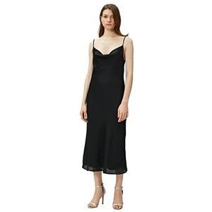 Koton Satijnen midi-jurk voor dames, feestjurk met ronde hals, zwart (999), 38