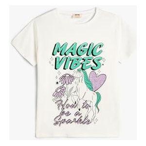 Koton T-shirt met ronde hals en korte mouwen en eenhoornprint, ecru(010), 7-8 Jaar