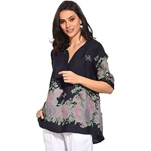 Bonateks Tuniek top voor dames, 100% linnen, Made in Italy, top met Tunesische kraag, bloemenprint en lange mouwen, marineblauw, maat: S, Marineblauw, S