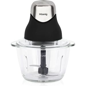 H.Koenig Mini Elektrische Hakker LEO8, Zwart mat en Chroom, Bestendig, Gegradueerde Glazen Kom, 1L, Roestvrijstalen Messen, Makkelijk te gebruiken, Pesto, Peterselie, Noten, Knoflook, Opbergdeksel
