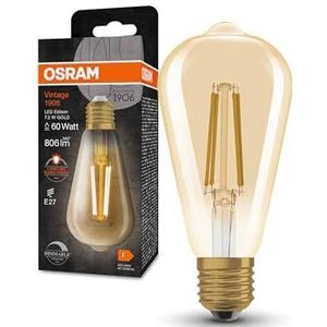 OSRAM Vintage 1906® Classic Edison FIL 60 LED lamp, E27, dimbaar, Edison vorm, goud, 7,2W, 806lm, 2400K, verminderd warm wit licht, laag verbruik, lange levensduur