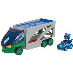 Pyjamasques, TrAnsportor met voertuig, supervrachtwagen, die 4 voertuigen kan bevatten, 1 Yoyo-voertuig met figuur inbegrepen, speelgoed voor kinderen vanaf 3 jaar, PJMA8