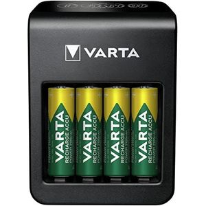 Varta 57687101441 Plug Charger+, lader voor accu’s in AA/AAA/9V en USB-apparaten, laden via individuele laadschacht, incl. 4x AA 2100mAh accu, zwart
