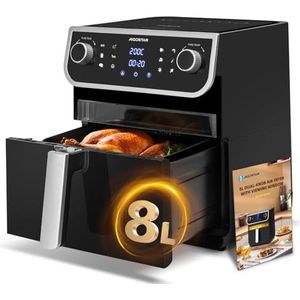 Aigostar Luchtfriteuse zonder olie, kijkvenster, XXL-friteuse, inhoud 8 l, 1700 W, groot led-touch-display, 12 vooraf ingestelde functies + handmatig, dubbel gebruik: met mand of lade, BPA-vrij